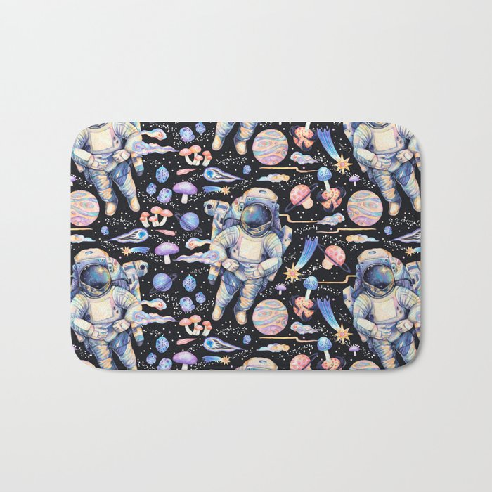 Spaceman Fungi Planets - black Bath Mat Gallery Image 1
