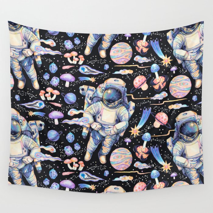 Spaceman Fungi Planets - black Wall Tapestry Gallery Image 4