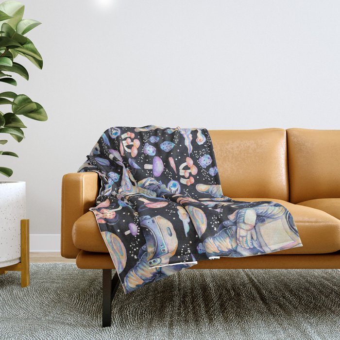 Spaceman Fungi Planets - black Throw Blanket Gallery Image 1
