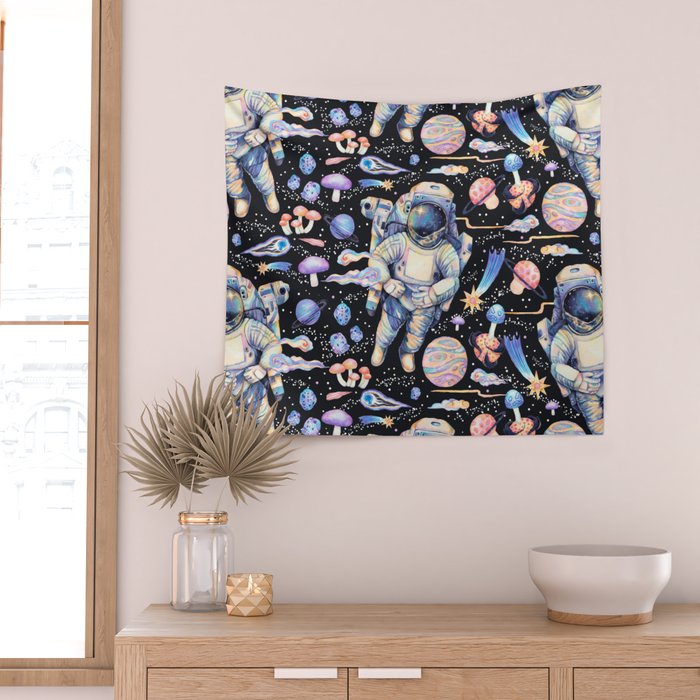 Spaceman Fungi Planets - black Wall Tapestry Gallery Image 2