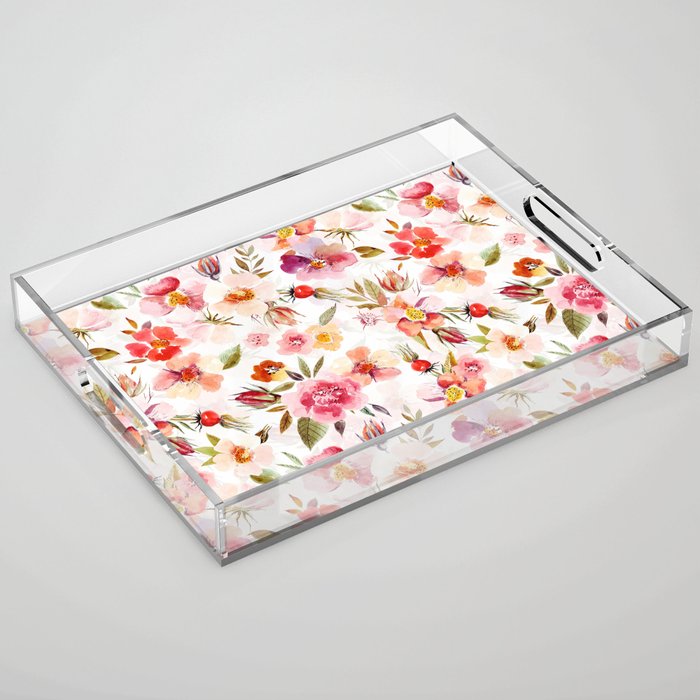 Hygge Watercolor Midsummer Dogroses Pattern  Acrylic Tray Gallery Image 1