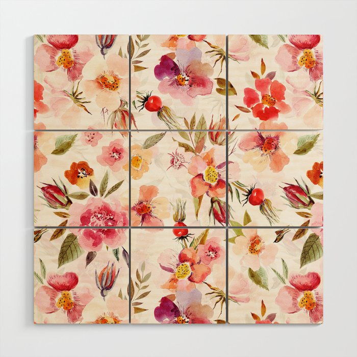 Hygge Watercolor Midsummer Dogroses Pattern  Wood Wall Art Gallery Image 1