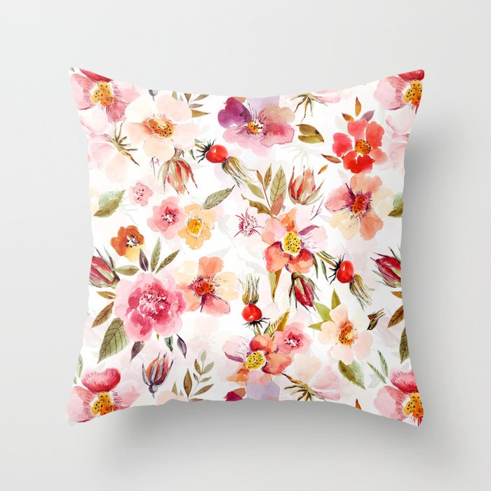 Hygge Watercolor Midsummer Dogroses Pattern  Throw Pillow Gallery Image 6
