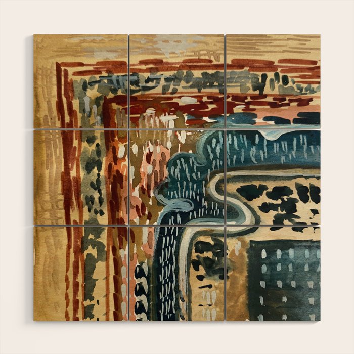 Vintage Kilim Rust and Indigo Handpainted Rug Square Wood Wall Art Gallery Image 1