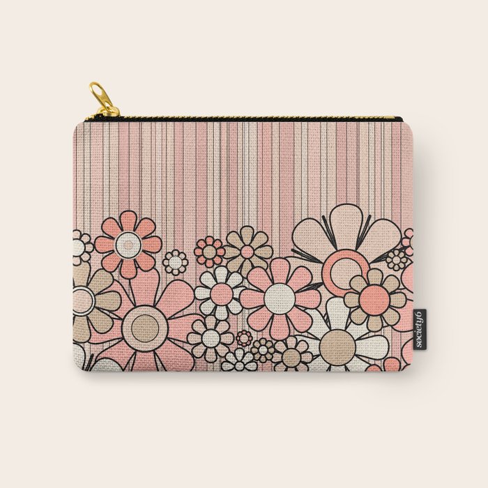 Retro Garden Flowers and Stripes Vintage Aesthetic Blush Pink and Black Floral Pattern Carry All Pouch Gallery Image 1