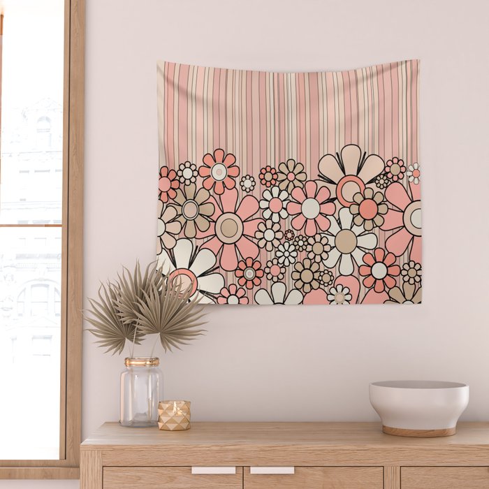 Retro Garden Flowers and Stripes Vintage Aesthetic Blush Pink and Black Floral Pattern Wall Tapestry Gallery Image 2
