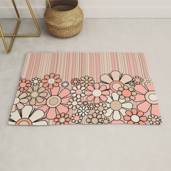 Retro Garden Flowers and Stripes Vintage Aesthetic Blush Pink and Black Floral Pattern Rug Gallery Image 1