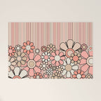 Retro Garden Flowers and Stripes Vintage Aesthetic Blush Pink and Black Floral Pattern Welcome Mat Gallery Image 1