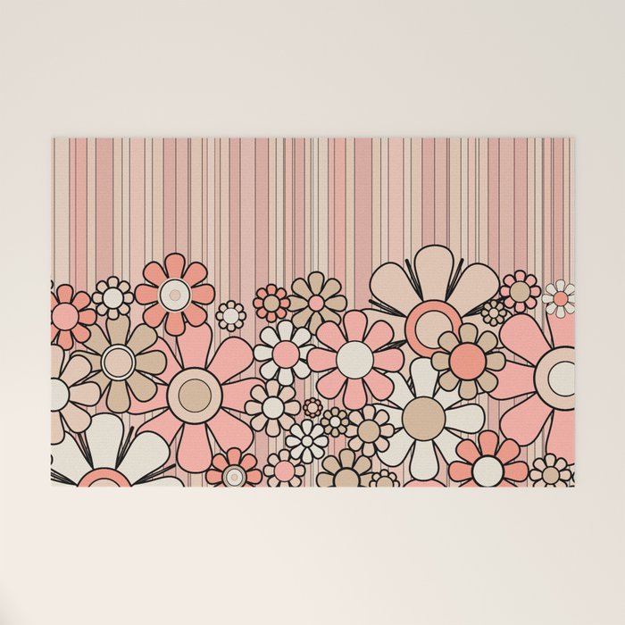 Retro Garden Flowers and Stripes Vintage Aesthetic Blush Pink and Black Floral Pattern Welcome Mat Gallery Image 1