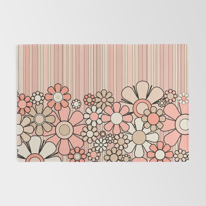 Retro Garden Flowers and Stripes Vintage Aesthetic Blush Pink and Black Floral Pattern Rug Gallery Image 2