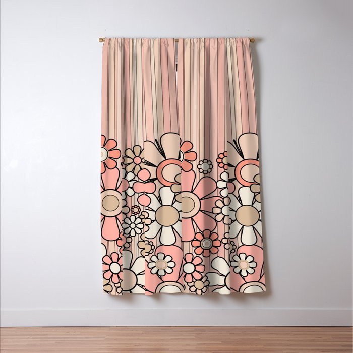 Retro Garden Flowers and Stripes Vintage Aesthetic Blush Pink and Black Floral Pattern Window Curtain Gallery Image 3