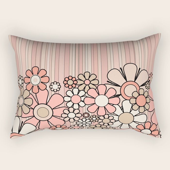 Retro Garden Flowers and Stripes Vintage Aesthetic Blush Pink and Black Floral Pattern Rectangular Pillow Gallery Image 2