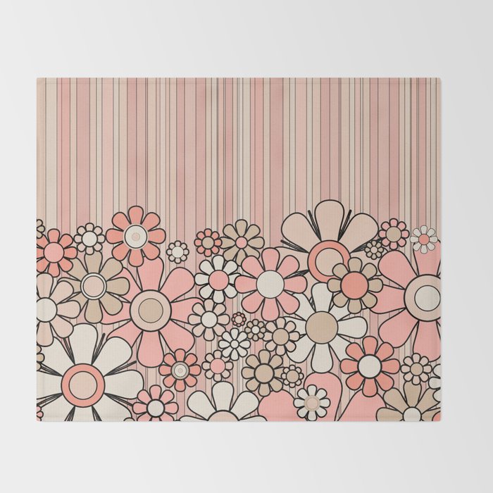 Retro Garden Flowers and Stripes Vintage Aesthetic Blush Pink and Black Floral Pattern Throw Blanket Gallery Image 2