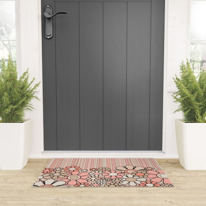 Retro Garden Flowers and Stripes Vintage Aesthetic Blush Pink and Black Floral Pattern Welcome Mat Gallery Image 3