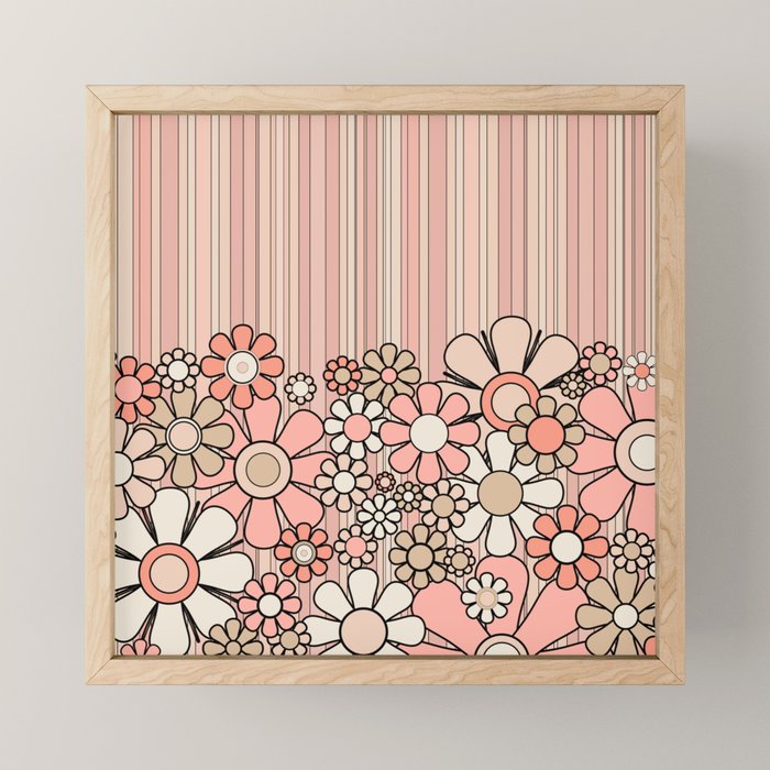 Retro Garden Flowers and Stripes Vintage Aesthetic Blush Pink and Black Floral Pattern Mini Art Print Gallery Image 1