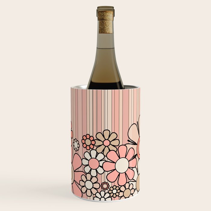 Retro Garden Flowers and Stripes Vintage Aesthetic Blush Pink and Black Floral Pattern Wine Chiller Gallery Image 1