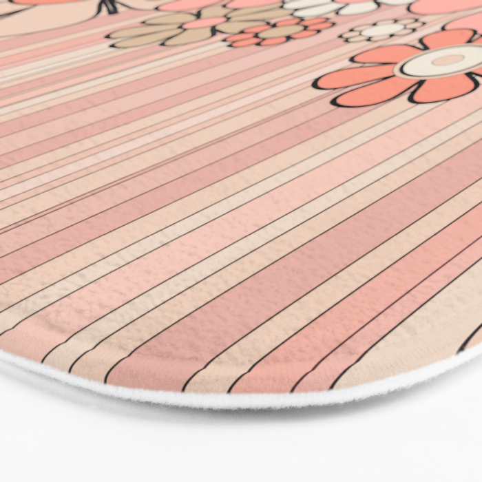 Retro Garden Flowers and Stripes Vintage Aesthetic Blush Pink and Black Floral Pattern Bath Mat Gallery Image 3