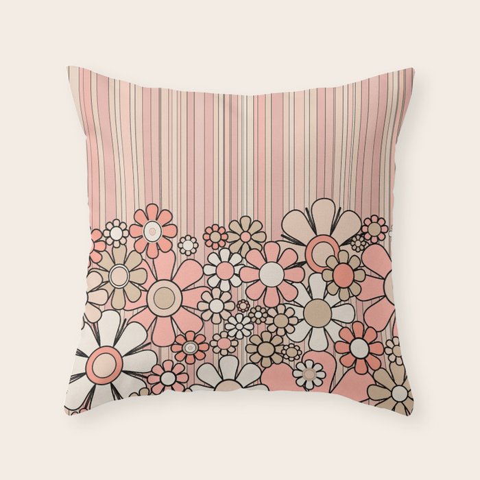 Retro Garden Flowers and Stripes Vintage Aesthetic Blush Pink and Black Floral Pattern Throw Pillow Gallery Image 6