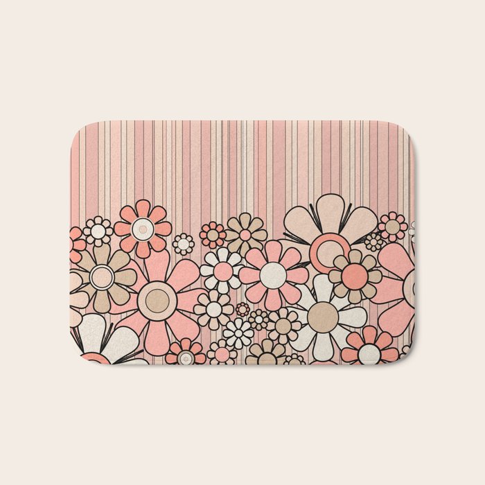 Retro Garden Flowers and Stripes Vintage Aesthetic Blush Pink and Black Floral Pattern Bath Mat Gallery Image 1