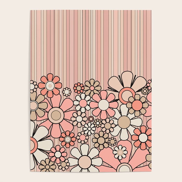 Retro Garden Flowers and Stripes Vintage Aesthetic Blush Pink and Black Floral Pattern Poster Gallery Image 4