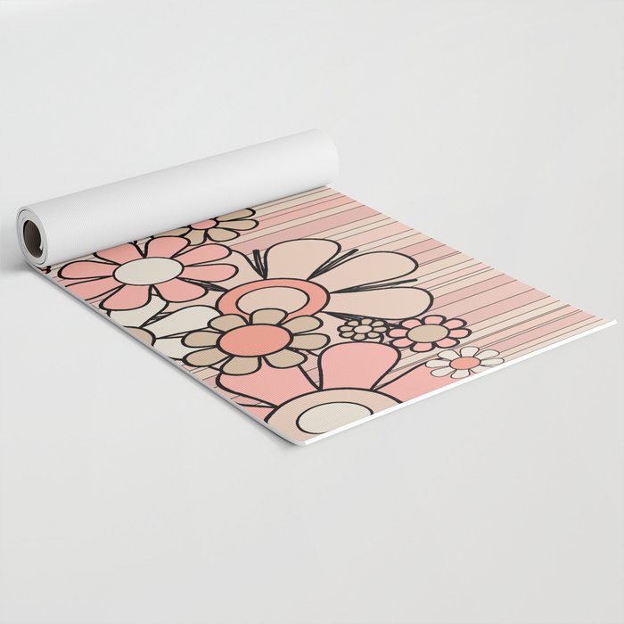 Retro Garden Flowers and Stripes Vintage Aesthetic Blush Pink and Black Floral Pattern Yoga Mat Gallery Image 2