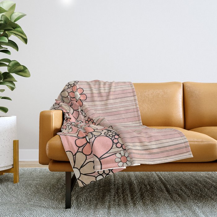 Retro Garden Flowers and Stripes Vintage Aesthetic Blush Pink and Black Floral Pattern Throw Blanket Gallery Image 1