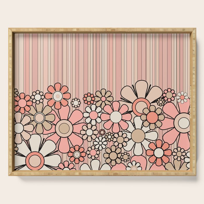 Retro Garden Flowers and Stripes Vintage Aesthetic Blush Pink and Black Floral Pattern Serving Tray Gallery Image 1