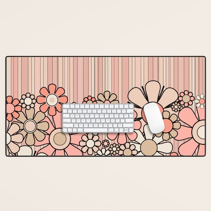 Retro Garden Flowers and Stripes Vintage Aesthetic Blush Pink and Black Floral Pattern Desk Mat Gallery Image 1