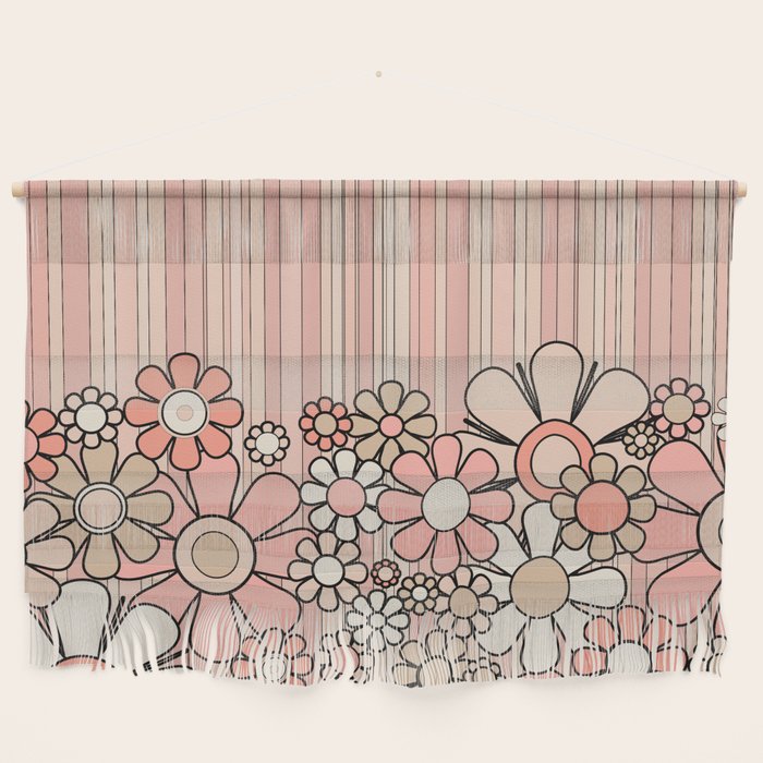 Retro Garden Flowers and Stripes Vintage Aesthetic Blush Pink and Black Floral Pattern Wall Hanging Gallery Image 1