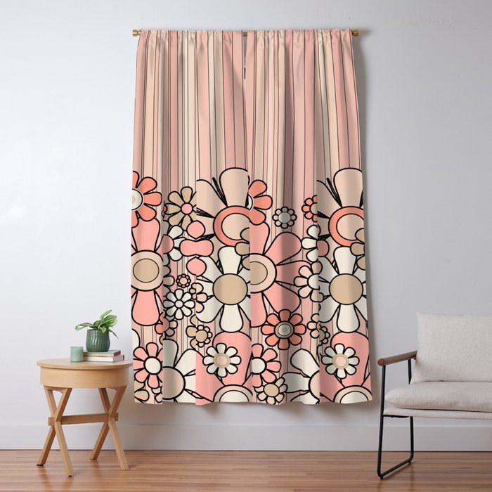 Retro Garden Flowers and Stripes Vintage Aesthetic Blush Pink and Black Floral Pattern Window Curtain Gallery Image 5