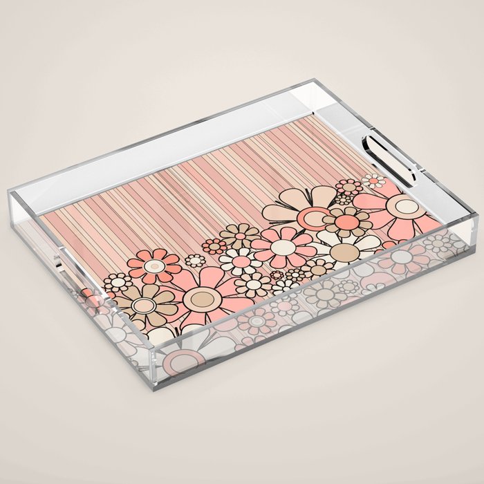 Retro Garden Flowers and Stripes Vintage Aesthetic Blush Pink and Black Floral Pattern Acrylic Tray Gallery Image 1