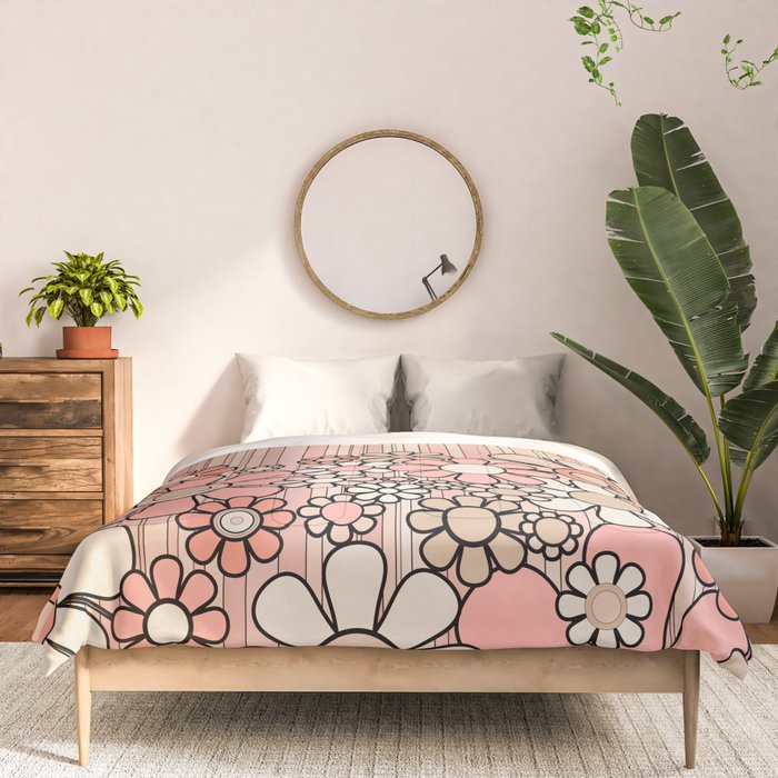 Retro Garden Flowers and Stripes Vintage Aesthetic Blush Pink and Black Floral Pattern Comforter Gallery Image 3