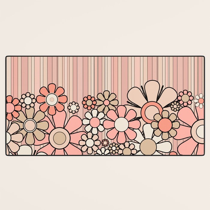 Retro Garden Flowers and Stripes Vintage Aesthetic Blush Pink and Black Floral Pattern Desk Mat Gallery Image 3
