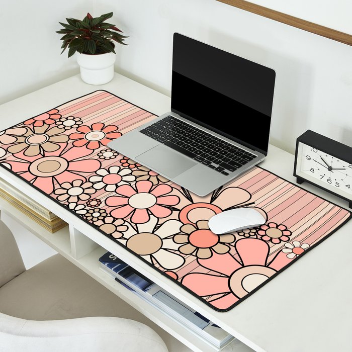 Retro Garden Flowers and Stripes Vintage Aesthetic Blush Pink and Black Floral Pattern Desk Mat Gallery Image 2