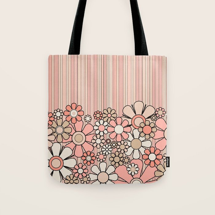 Retro Garden Flowers and Stripes Vintage Aesthetic Blush Pink and Black Floral Pattern Tote Bag Gallery Image 1