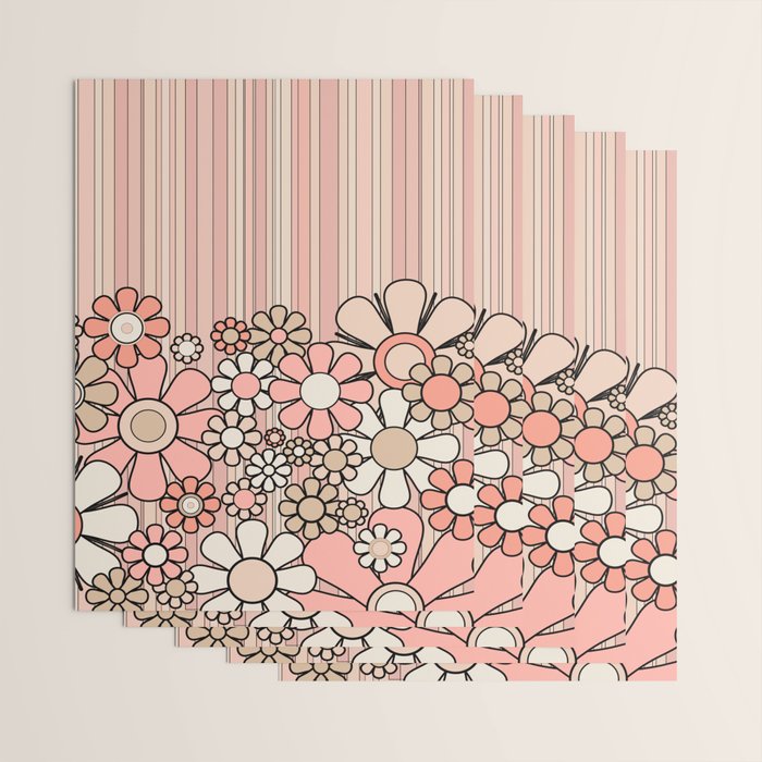 Retro Garden Flowers and Stripes Vintage Aesthetic Blush Pink and Black Floral Pattern Wrapping Paper Gallery Image 3