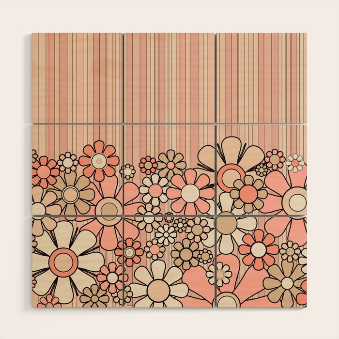 Retro Garden Flowers and Stripes Vintage Aesthetic Blush Pink and Black Floral Pattern Wood Wall Art Gallery Image 1