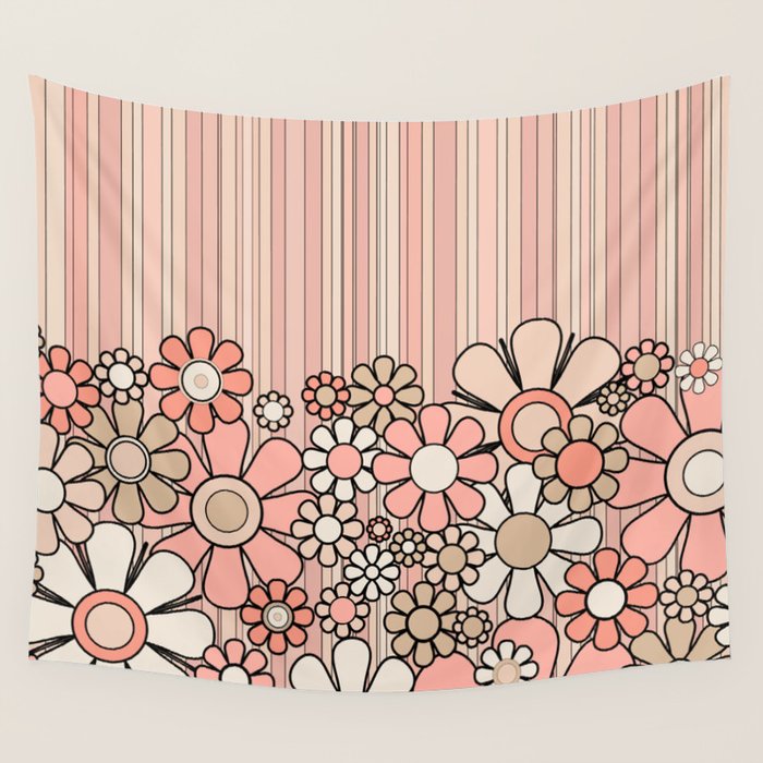 Retro Garden Flowers and Stripes Vintage Aesthetic Blush Pink and Black Floral Pattern Wall Tapestry Gallery Image 4