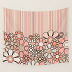 Retro Garden Flowers and Stripes Vintage Aesthetic Blush Pink and Black Floral Pattern Wall Tapestry Gallery Image 4