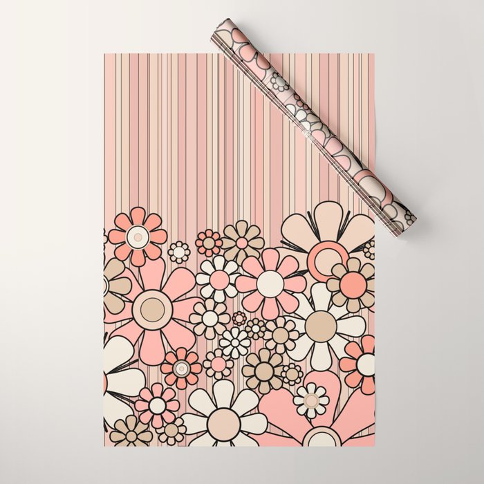 Retro Garden Flowers and Stripes Vintage Aesthetic Blush Pink and Black Floral Pattern Wrapping Paper Gallery Image 1