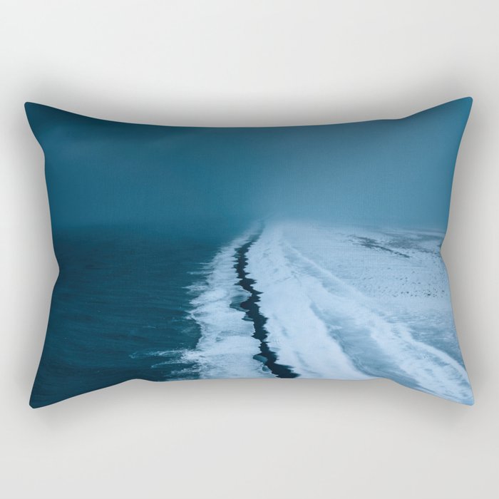Black Sand Beach with snow in Iceland during a storm â Moody Landscape Photography Rectangular Pillow Gallery Image 1