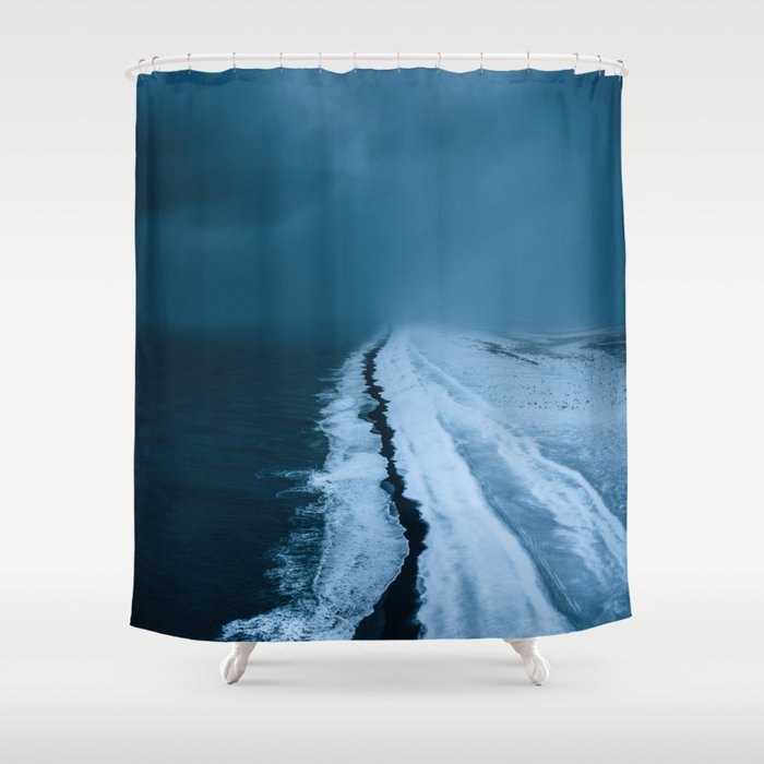 Black Sand Beach with snow in Iceland during a storm â Moody Landscape Photography Shower Curtain Gallery Image 1