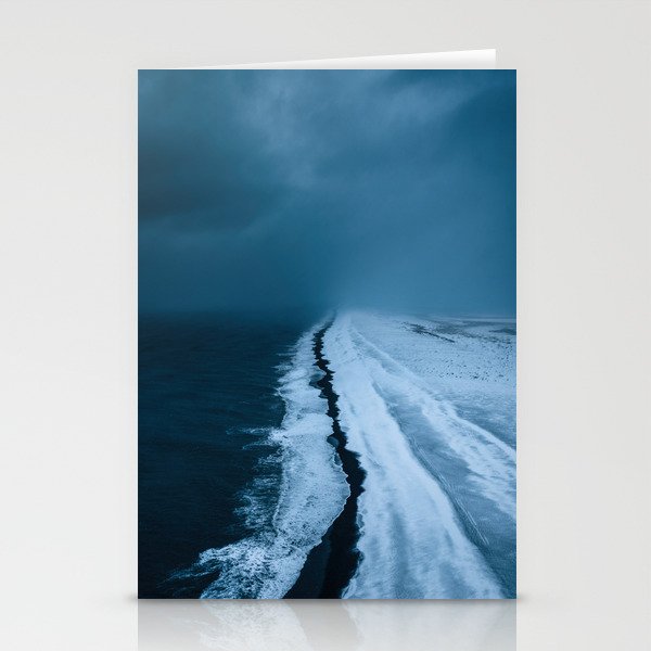 Black Sand Beach with snow in Iceland during a storm â Moody Landscape Photography Stationery Card Gallery Image 2