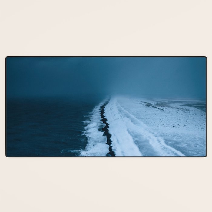 Black Sand Beach with snow in Iceland during a storm â Moody Landscape Photography Desk Mat Gallery Image 3