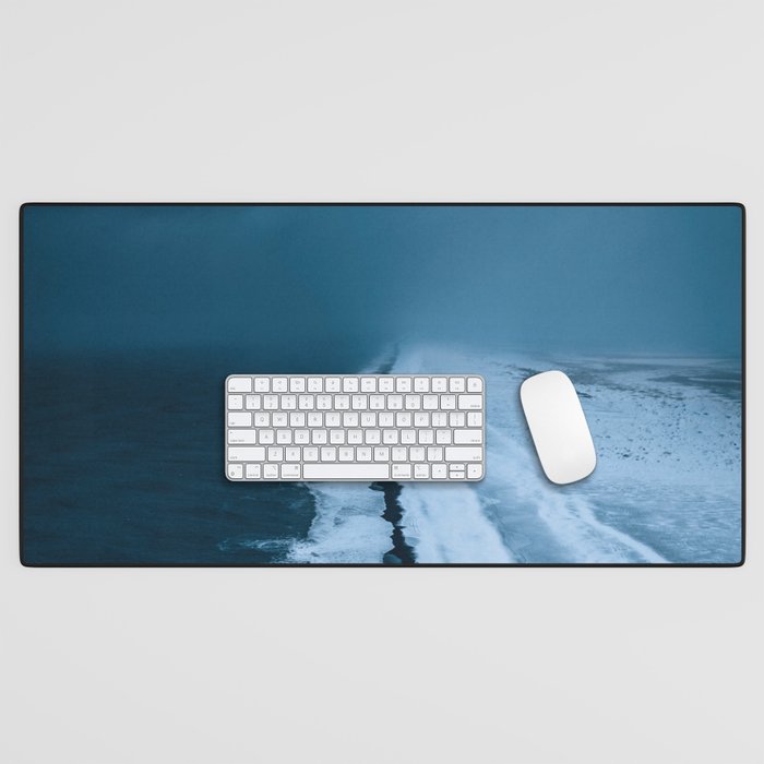Black Sand Beach with snow in Iceland during a storm â Moody Landscape Photography Desk Mat Gallery Image 1