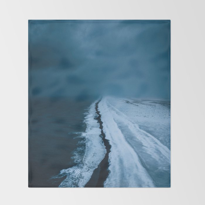 Black Sand Beach with snow in Iceland during a storm â Moody Landscape Photography Throw Blanket Gallery Image 2