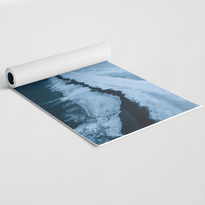 Black Sand Beach with snow in Iceland during a storm â Moody Landscape Photography Yoga Mat Gallery Image 2