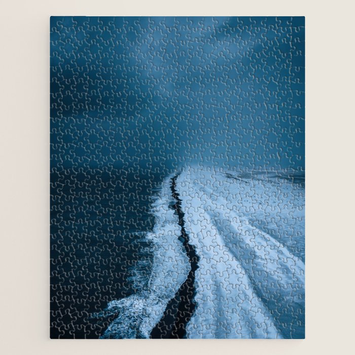 Black Sand Beach with snow in Iceland during a storm â Moody Landscape Photography Jigsaw Puzzle Gallery Image 1