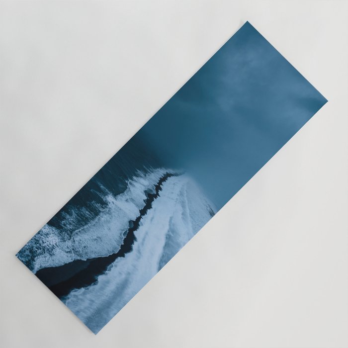 Black Sand Beach with snow in Iceland during a storm â Moody Landscape Photography Yoga Mat Gallery Image 1