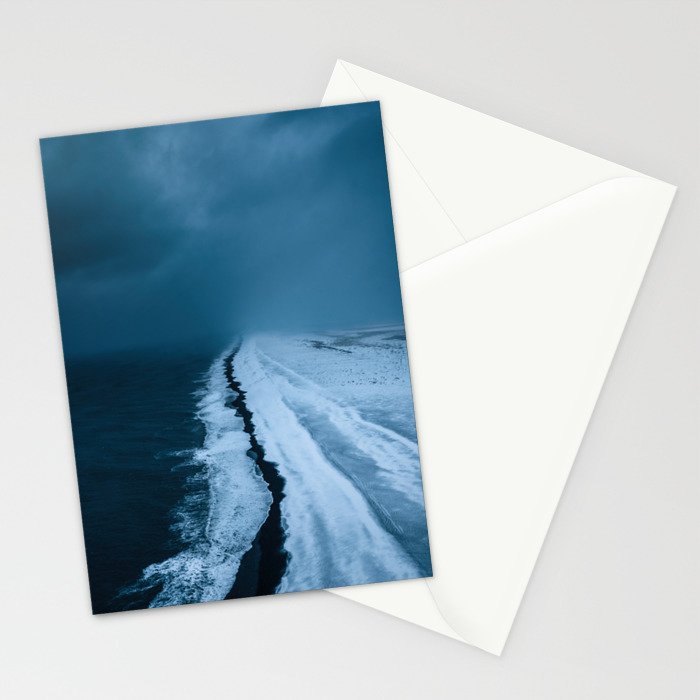 Black Sand Beach with snow in Iceland during a storm â Moody Landscape Photography Stationery Card Gallery Image 2